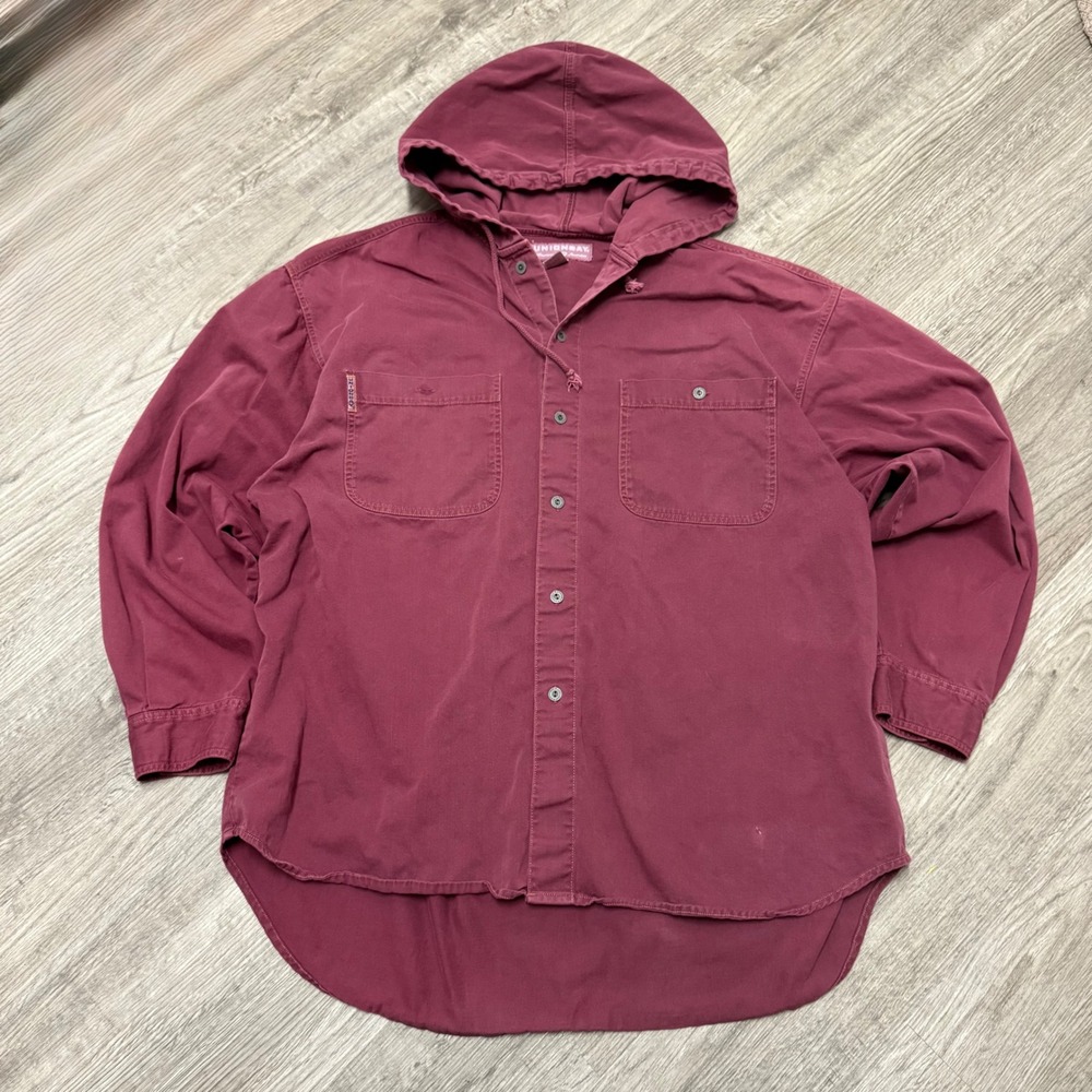 Unionbay Mens XL Hooded Button Down Shirt Burgundy Maroon Cotton Long Sleeve Y2K